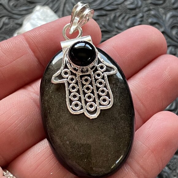 Gold Sheen Obsidian Black Onyx Hamsa Hand Crystal Pendant - Picture 6 of 7